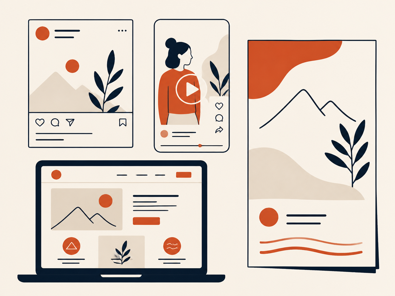 Examples of marketing work: a social media post, a short-form video frame, a simple website screen and a campaign asset.
