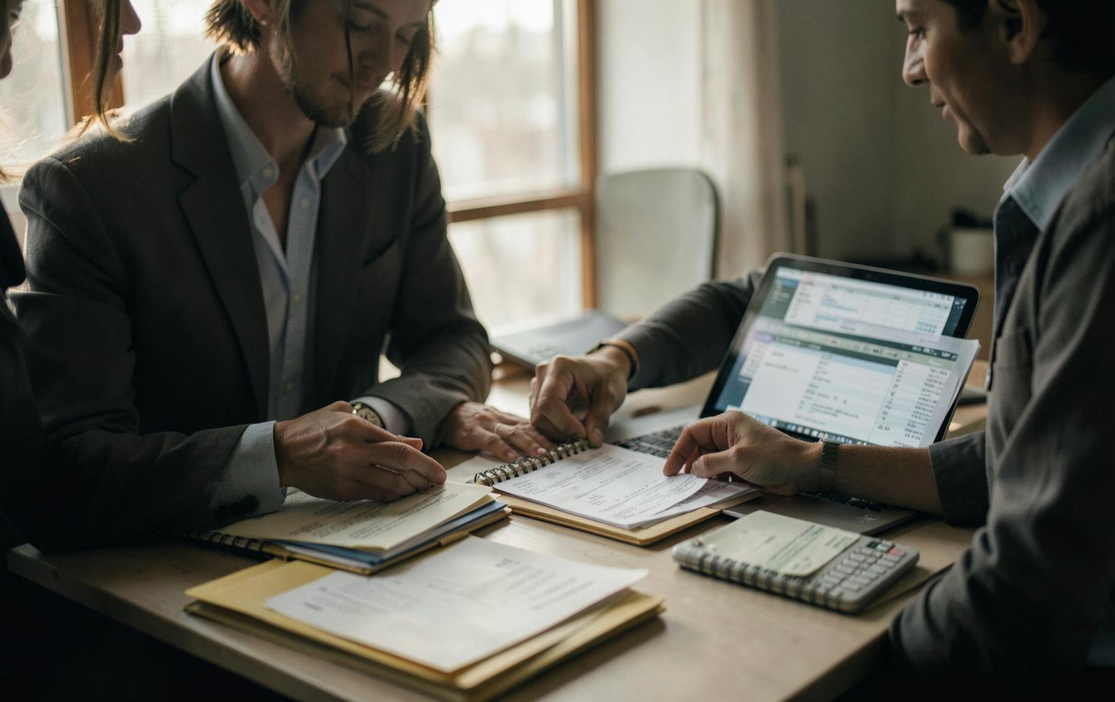 A business owner and a support team member sorting receipts and invoices at a desk