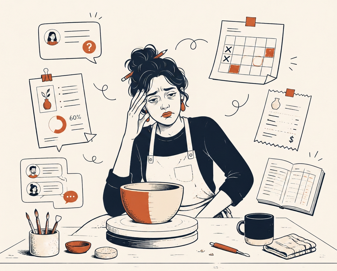 A small-business owner surrounded by scattered admin, content, invoices, supplier messages and unfinished tasks.